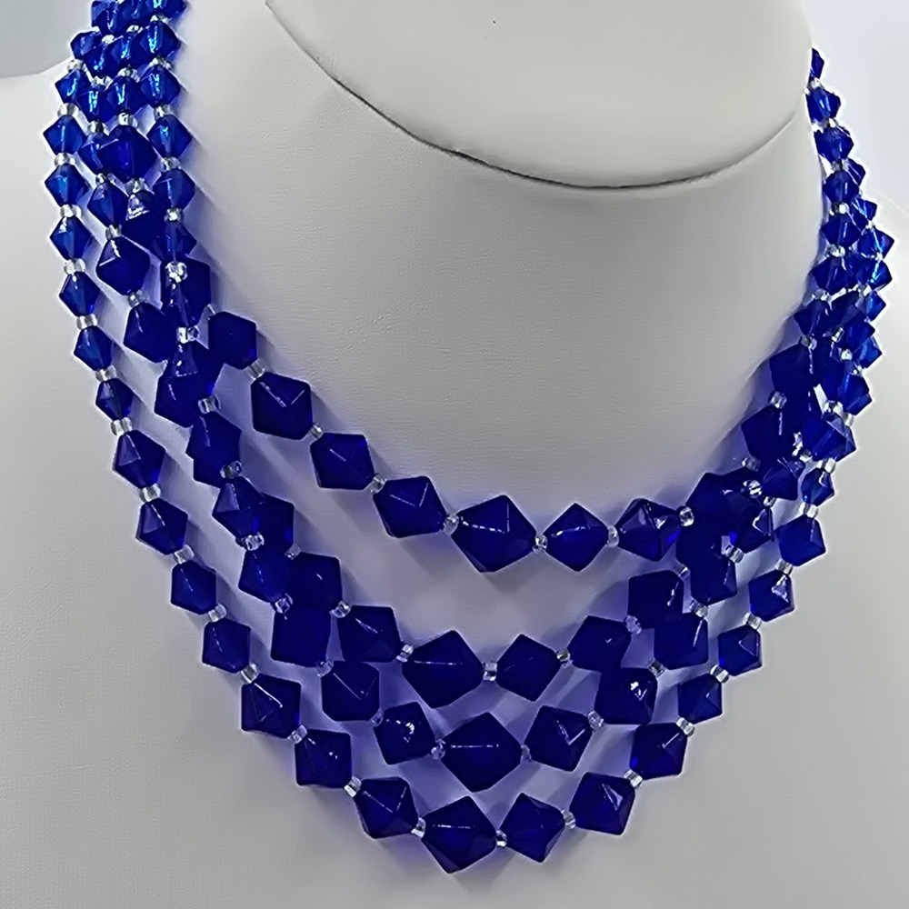 Vintage Japan Four Stand Glass Necklace Blue Statement Beaded - Picture 3 of 9